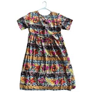 Vintage African Heiress Dress M Multi Aztec Floral Short Sleeve Shift With Tie